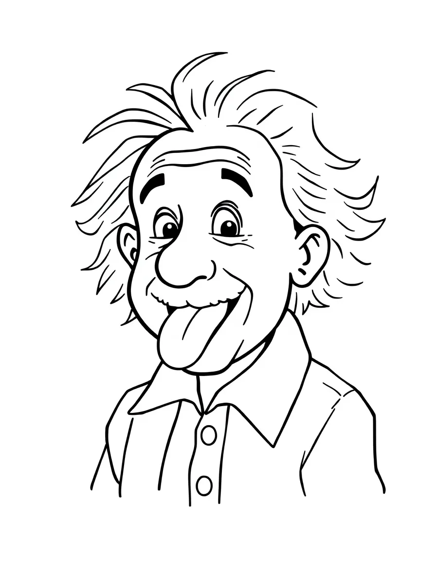 A simple cartoon-style drawing of the famous picture that Albert Einstein quickly sketched with his tongue playfully sticking out, perfect for a kids' coloring page.