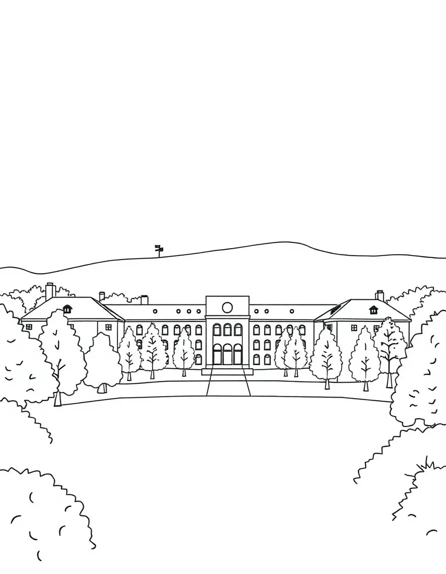 A simple line drawing of the Stanford campus with its iconic buildings