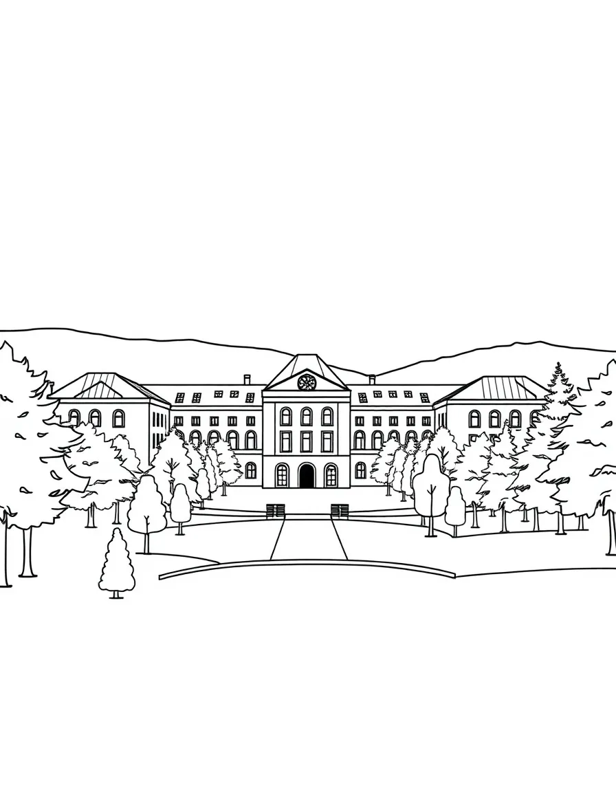 A simple line drawing of the Stanford campus with its iconic buildings