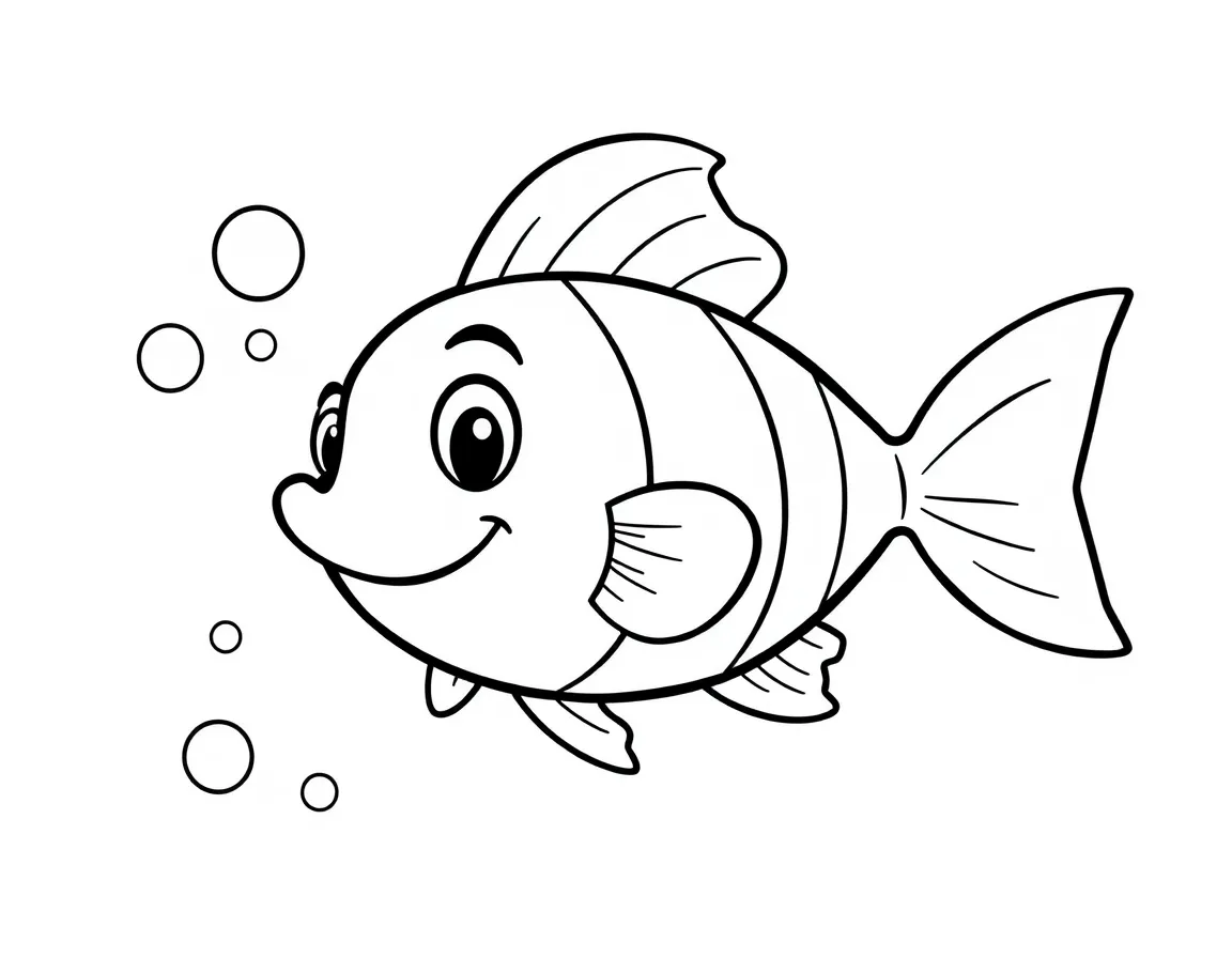 Cheerful Cartoon Fish Coloring Page with Bubbles and Fins