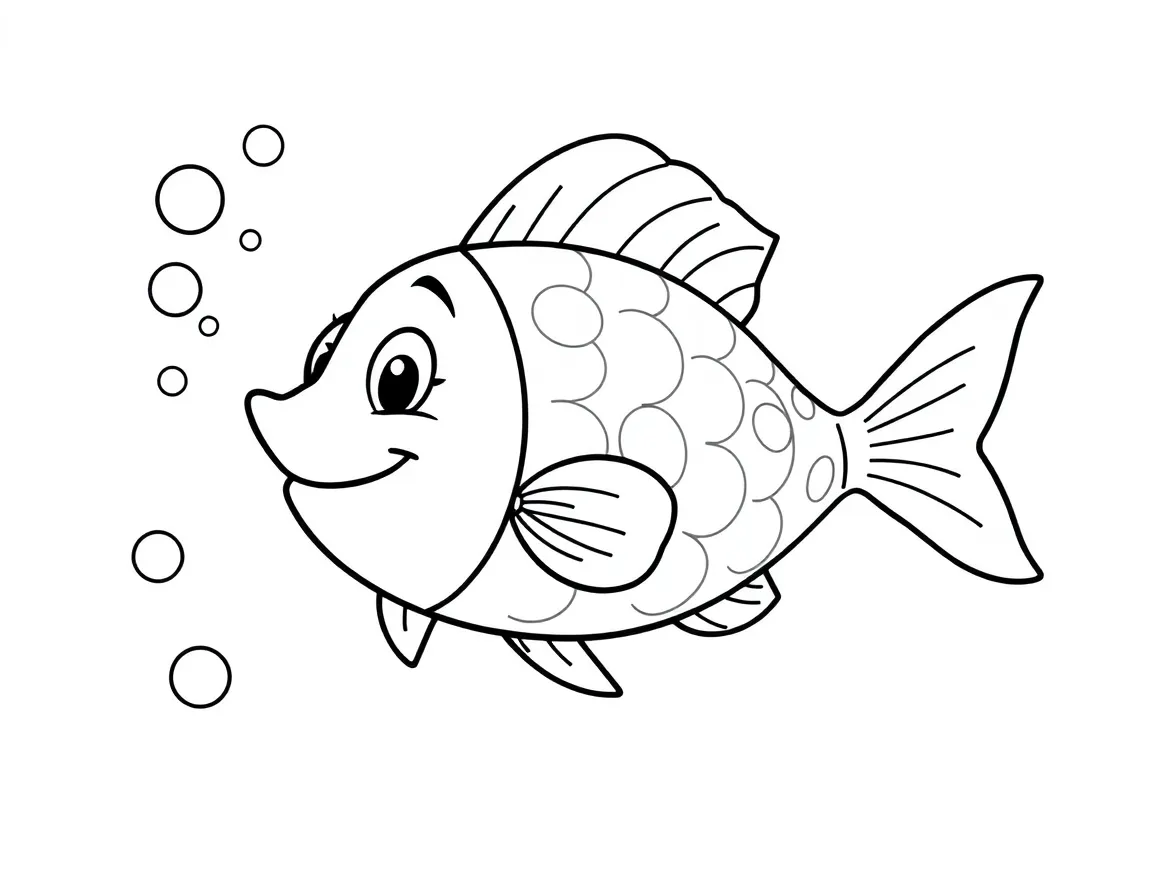 Cheerful cartoon fish coloring page with bubbles and fins