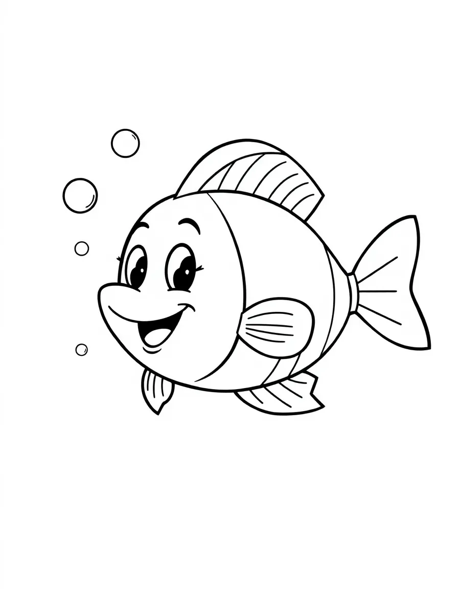 Cheerful cartoon fish coloring page with bubbles and fins