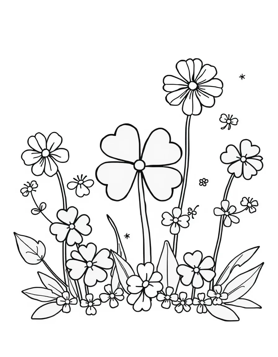 playful black-and-white march coloring page with shamrocks and flowers coloring page