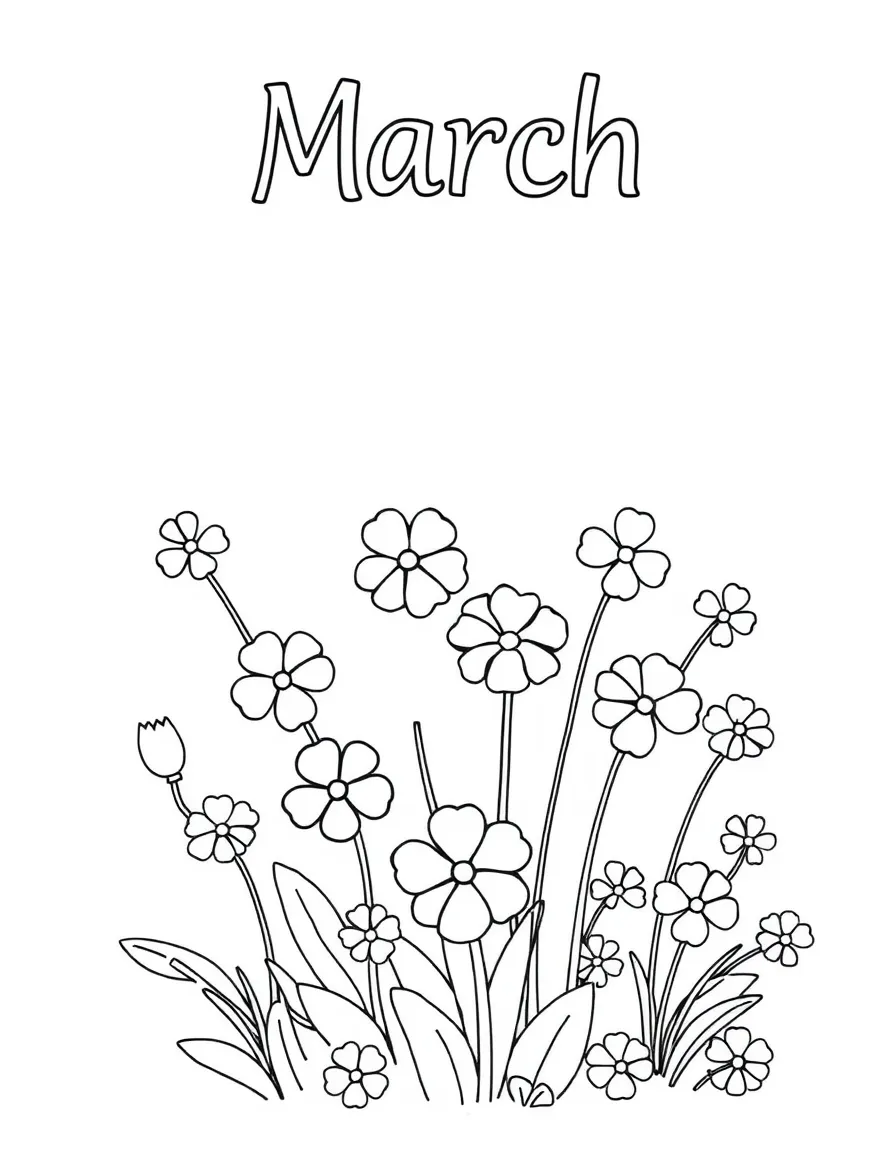 playful black-and-white coloring page with shamrocks and flowers coloring page. title "March" on the top
