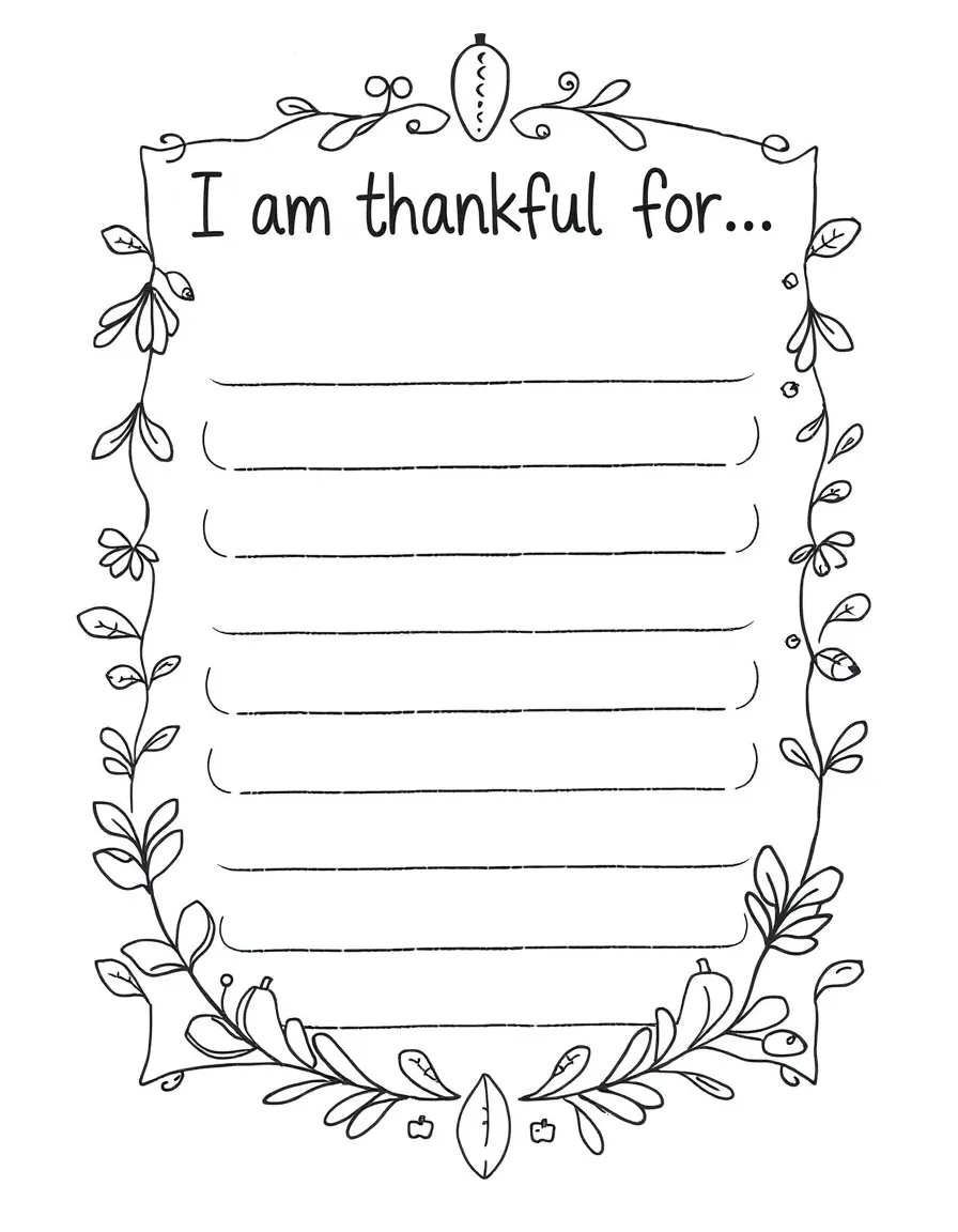 Hand-drawn gratitude coloring card with decorative border, featuring 'I am thankful for...' text at the top and multiple blank lines or speech bubbles below for children to write or draw what they're grateful for. Include autumn-themed decorative elements like leaves, acorns, and simple flourishes around the borders. Black and white line art suitable for coloring, with clear spaces for personalization.