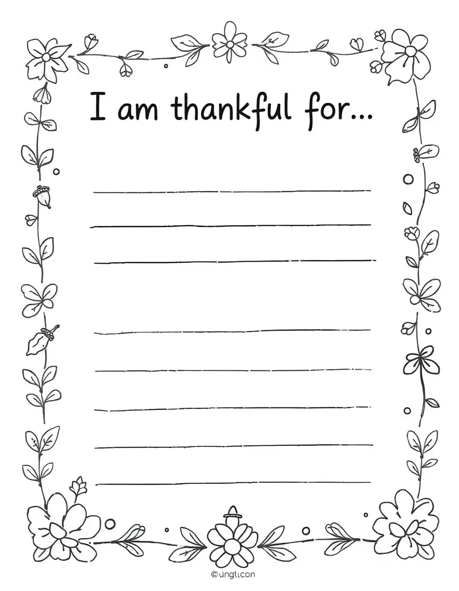 Hand-drawn gratitude coloring card with decorative border, featuring 'I am thankful for...' text at the top and multiple blank lines or speech bubbles below for children to write or draw what they're grateful for. Include autumn-themed decorative elements like leaves, acorns, and simple flourishes around the borders. Black and white line art suitable for coloring, with clear spaces for personalization.