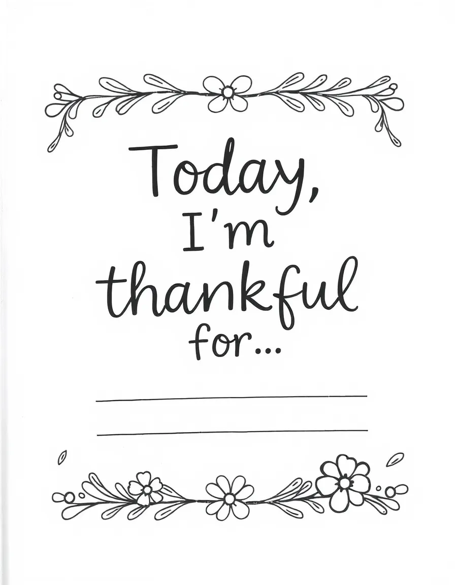 Hand-drawn gratitude coloring page with decorative border, featuring "Today, I'm thankful for..." text and blank lines below for writing. Include simple floral elements. Black and white line art.