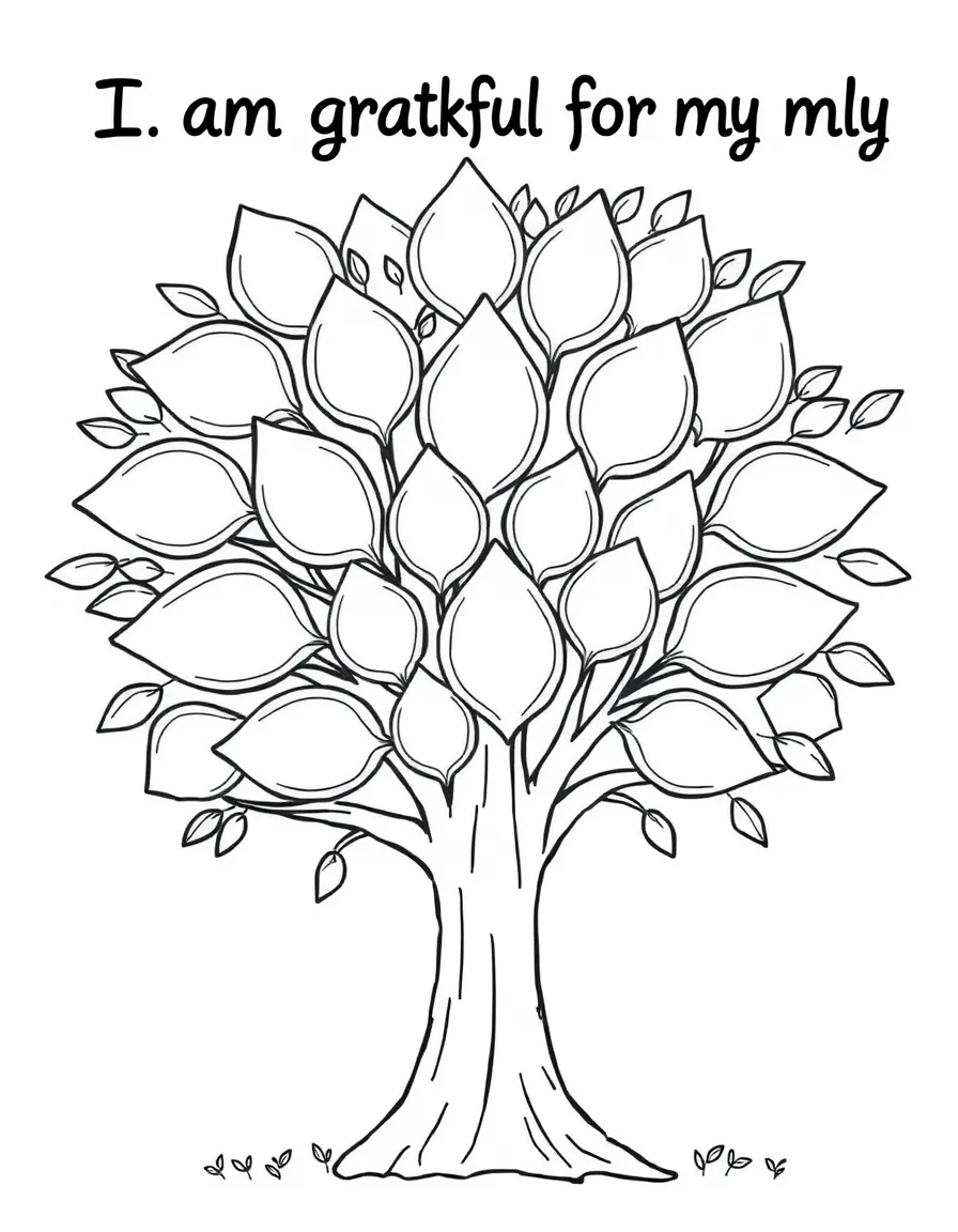 "I am grateful for my family" coloring page with a large tree where each leaf is a blank space for family members' names or drawings. Simple, whimsical style. Black and white line art.