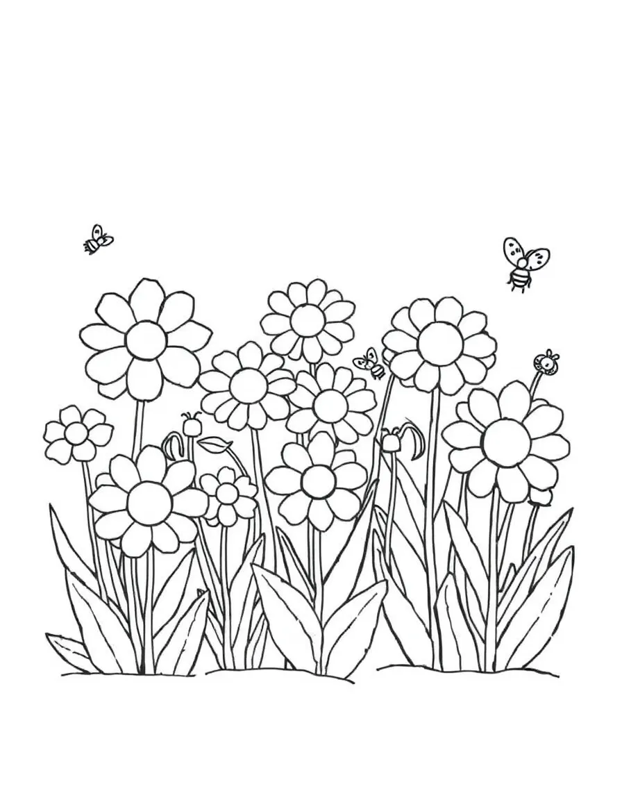 Gratitude garden coloring page. A garden scene with blank flowers, each petal or flower head a space for something they're grateful for. Include buzzing bees or butterflies. Black and white line art.