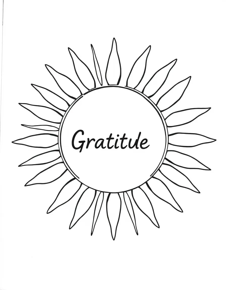 Gratitude sun coloring page. A large sun with rays, each ray a blank line for something they're thankful for. Simple, cheerful design. Black and white line art.