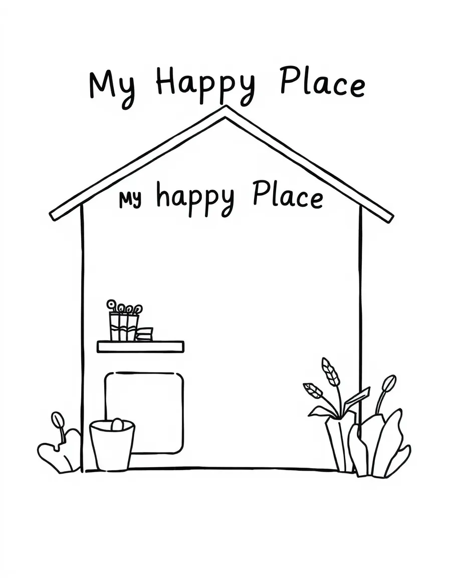 "My Happy Place" coloring page. A blank outline of a house or room, with spaces inside to draw or write about a place they're thankful for. Include a cozy border. Black and white line art.