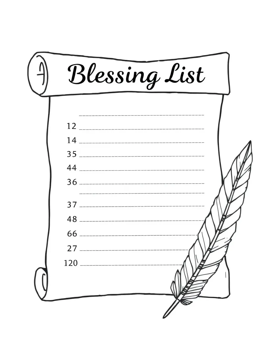 "Blessings List" coloring page. A scroll or parchment outline with numbered blank lines for writing blessings. Include feather or quill decorative elements. Black and white line art.