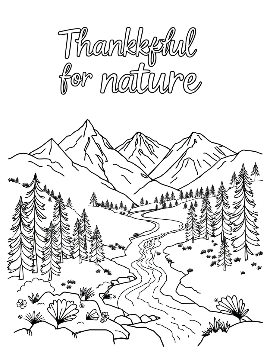 "Thankful for nature" coloring page. A scene with mountains, trees, and a river, with blank spaces on the landscape for writing about natural elements they appreciate. Black and white line art.