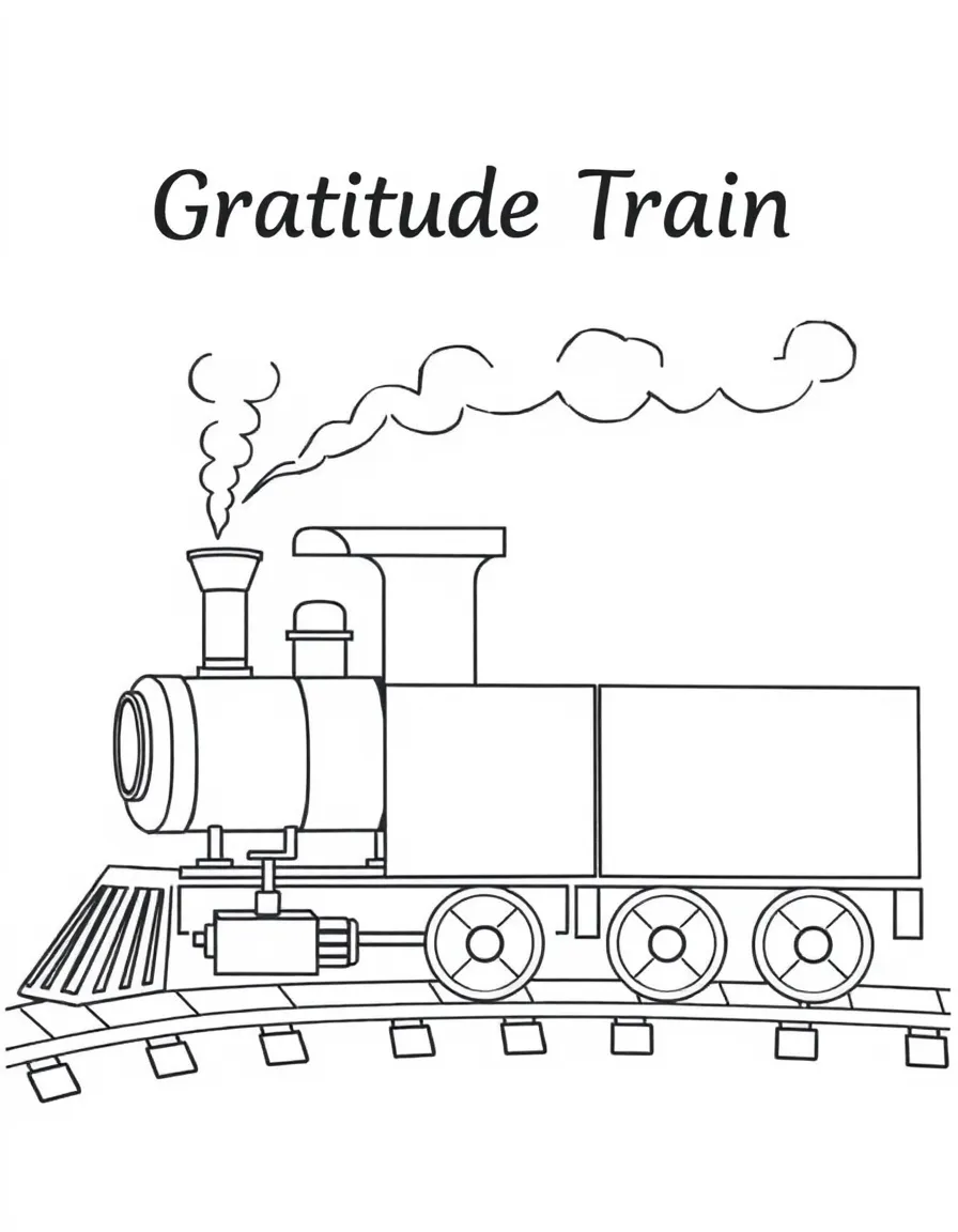 Gratitude train coloring page. A train with multiple blank cars, each car a space for a different thankful item. Include smoke trails with blank spaces. Black and white line art.