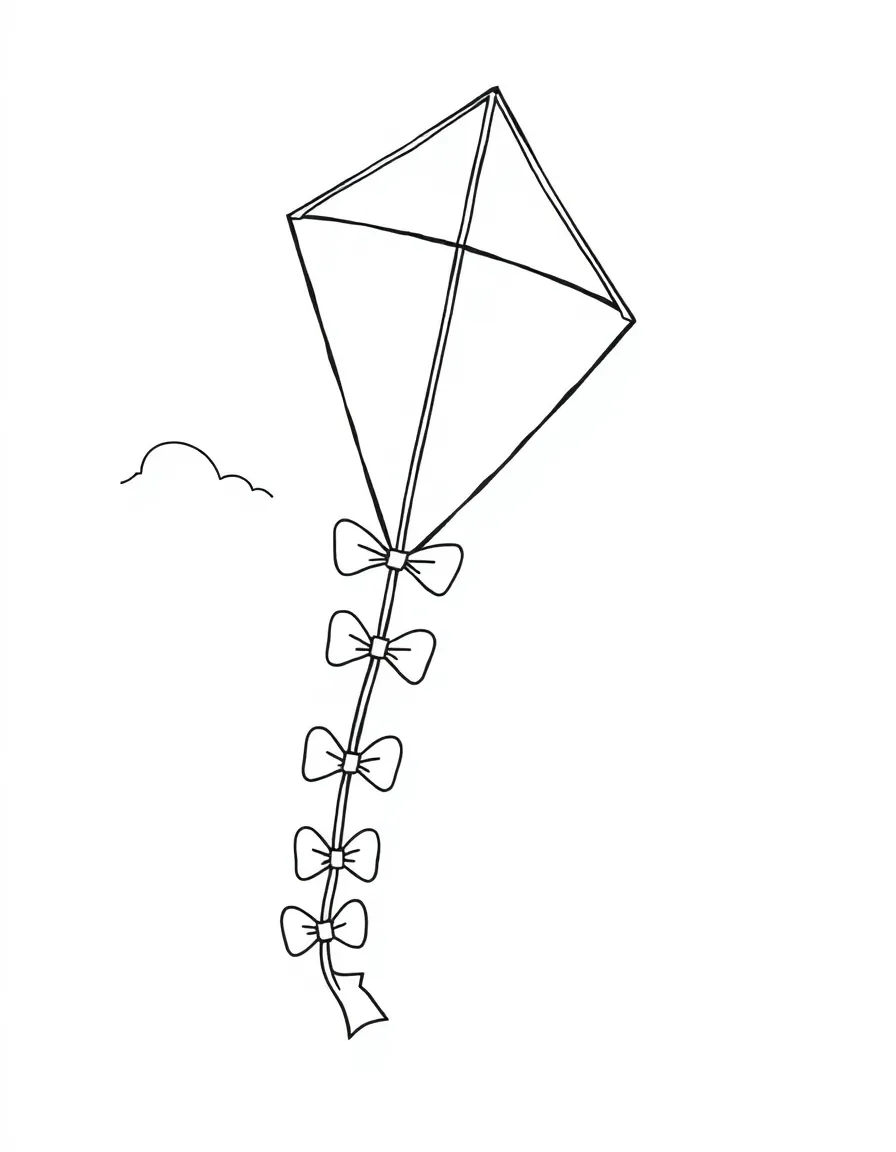 Gratitude kite coloring page. A large kite with a long tail, each bow on the tail a blank space for something they're grateful for. Include a windy background. Black and white line art.