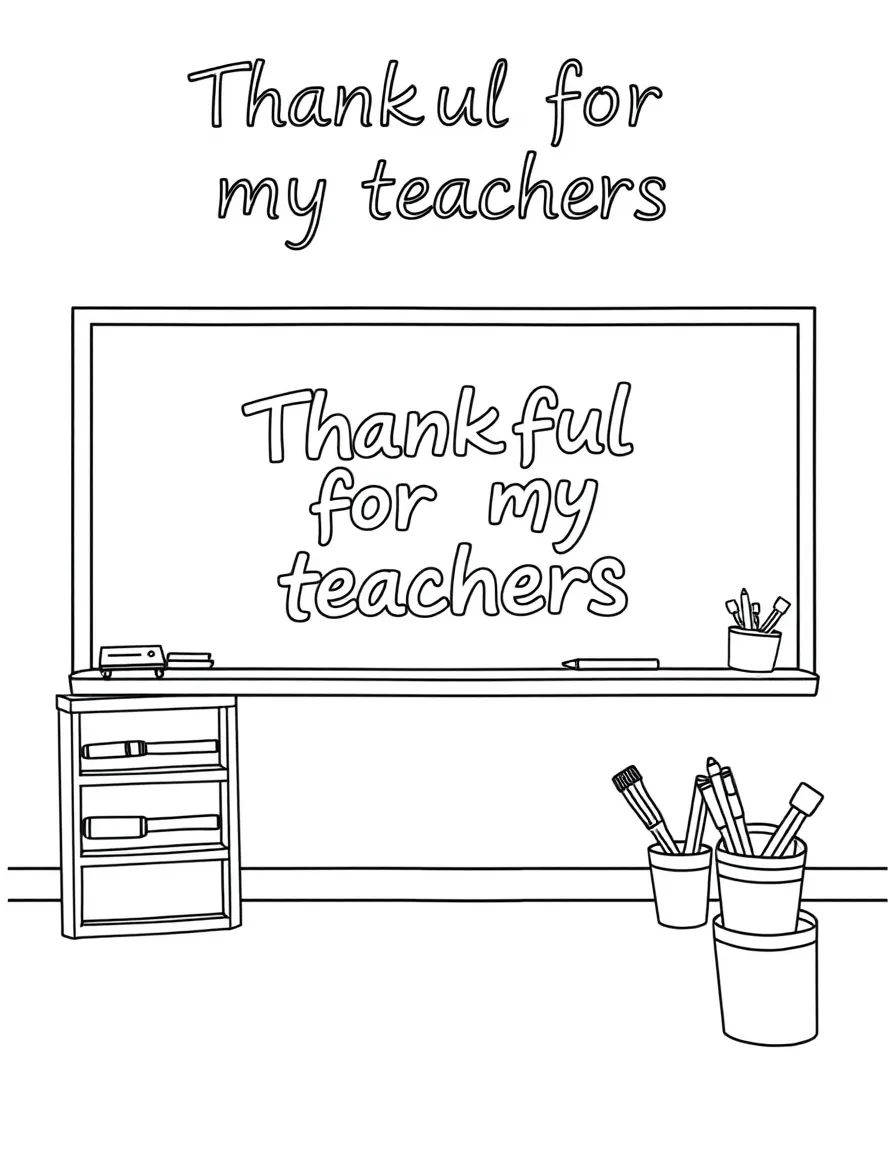 "Thankful for my teachers" coloring page. An outline of a classroom with a blackboard. The blackboard is blank for a thank-you message or drawing. Include school supplies. Black and white line art.