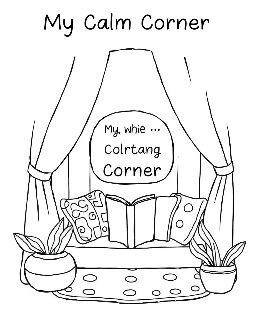 "My Calm Corner" coloring page. A cozy reading nook with a blank book or thought bubble for what helps them feel calm. Include gentle patterns. Black and white line art.