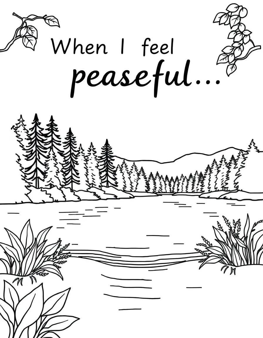 "When I feel peaceful..." coloring page. A serene landscape (lake, forest) with blank spaces to describe peaceful moments. Include gentle waves or leaves. Black and white line art.