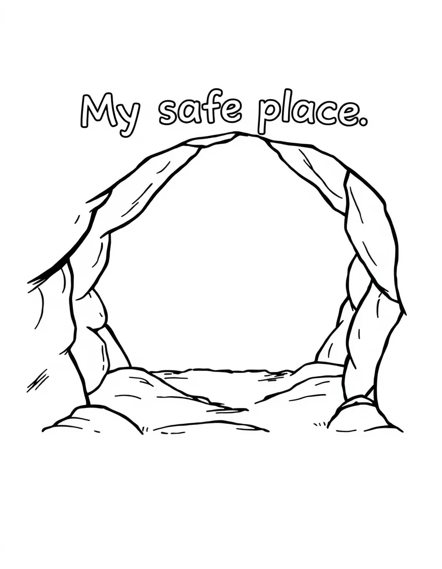 "My safe place" coloring page. A blank "bubble" or "cave" outline with spaces inside for drawing or writing about a safe place. Include comforting textures. Black and white line art.