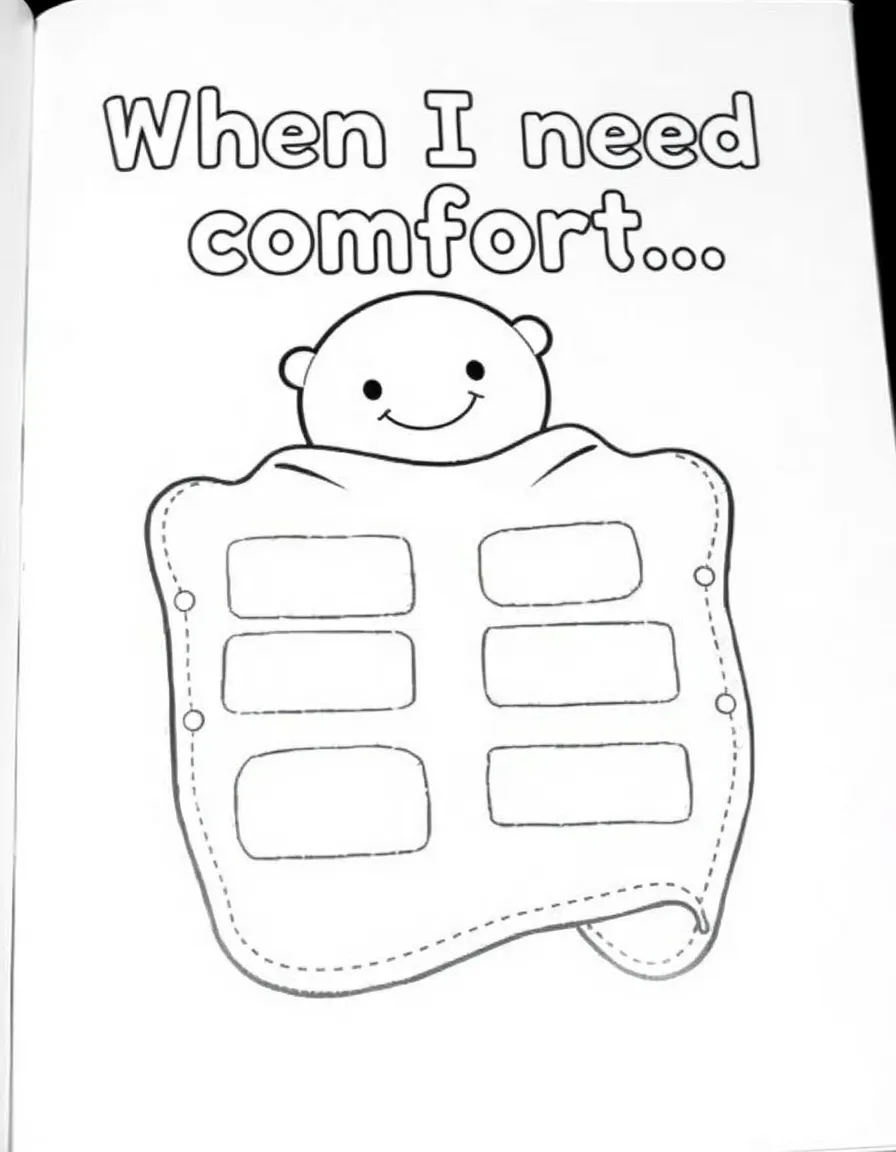 "When I need comfort..." coloring page. An outline of a cozy blanket or soft toy with blank spaces to list comforting things. Include stitched patterns. Black and white line art.