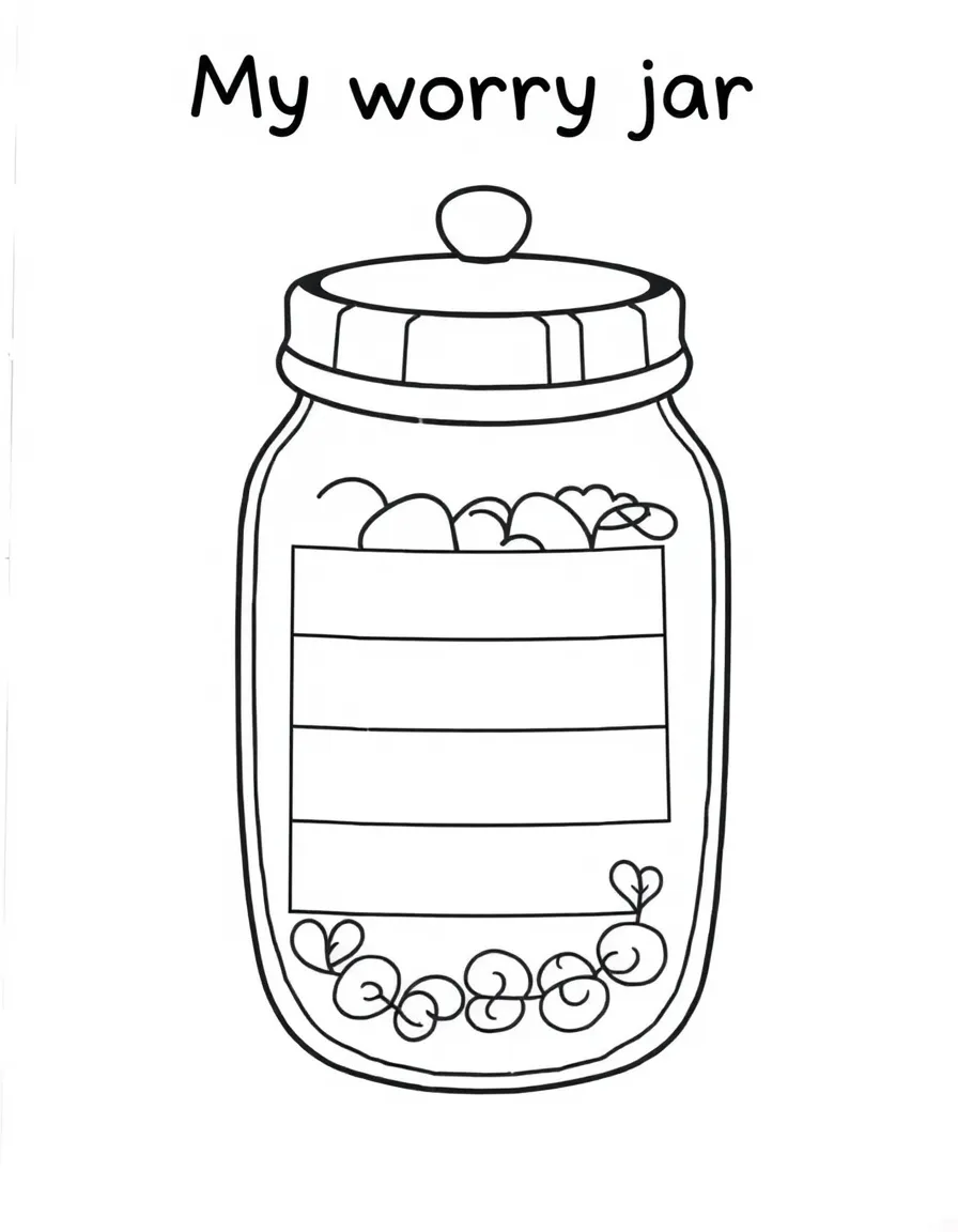 "My worry jar" coloring page. A jar outline with a lid, and blank "slips" inside for children to write down worries they can let go of. Include simple patterns. Black and white line art.