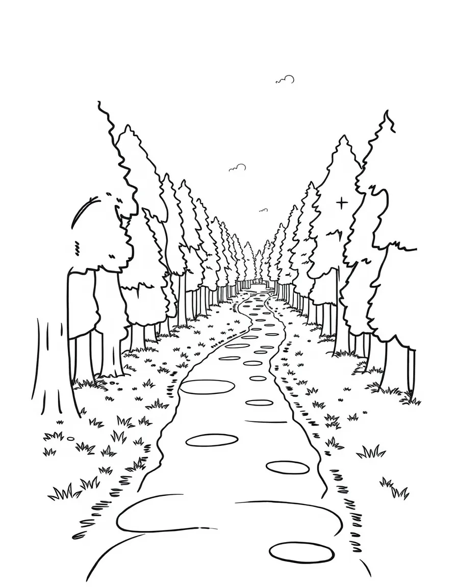 "Mindful walk" coloring page. A path leading through a forest or park with blank spaces along the path to describe what they see, hear, or smell. Black and white line art.