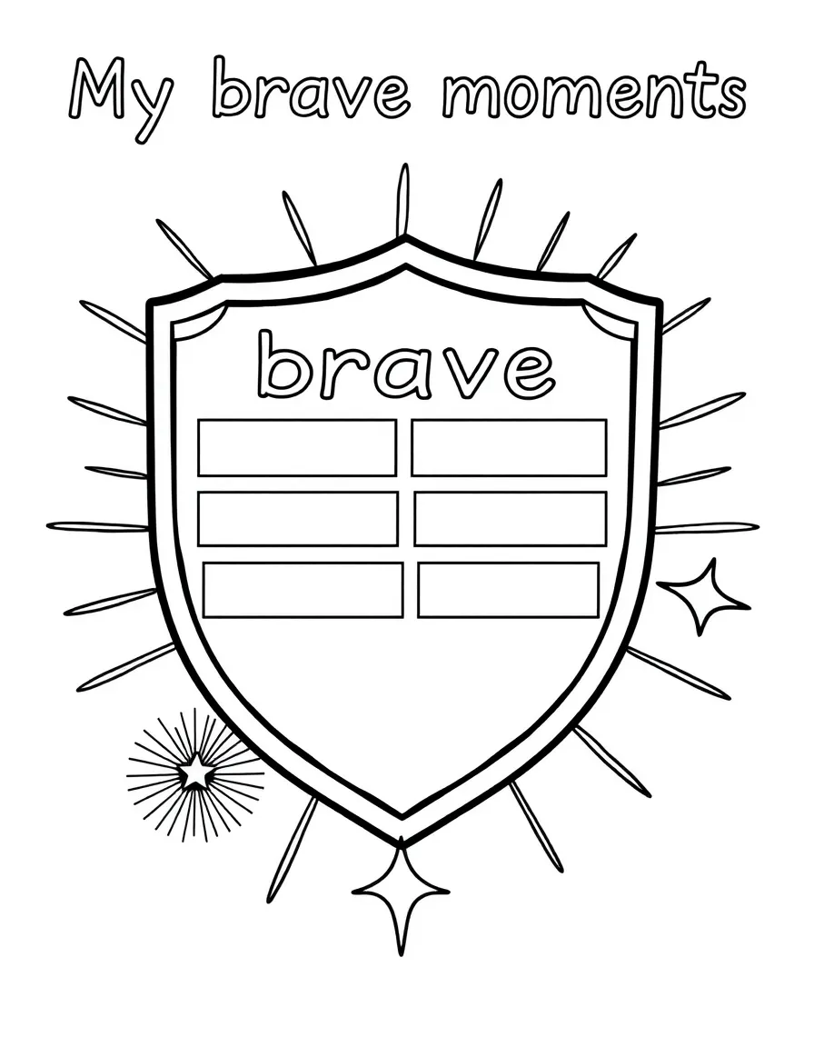 "My brave moments" coloring page. A shield or superhero symbol with blank spaces to write about times they were brave. Include starbursts. Black and white line art.