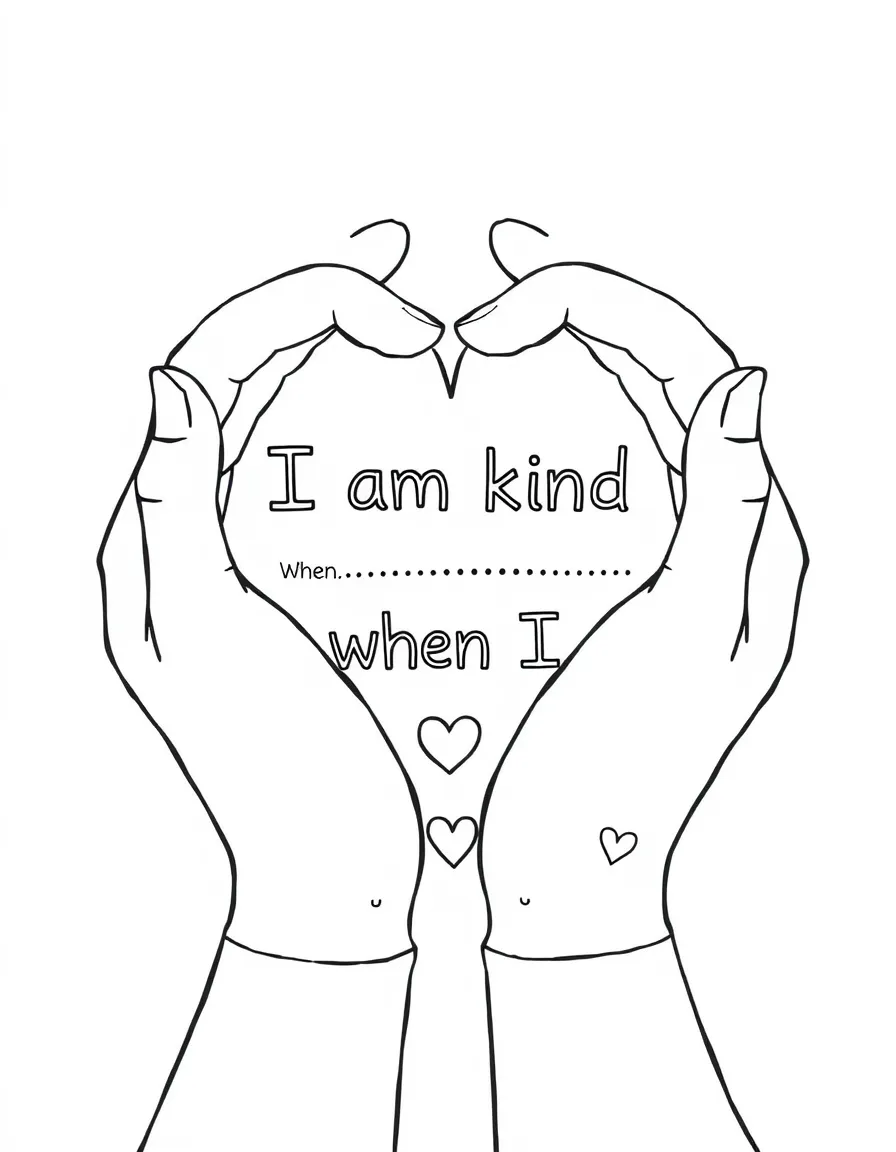 "I am kind" coloring page. Hands making a heart shape with "I am kind when I..." text and blank lines. Include heart and star details. Black and white line art.