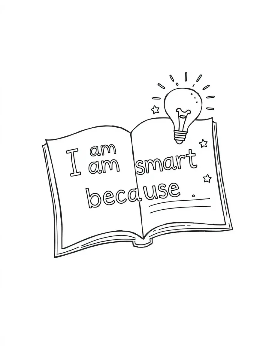 "I am smart" coloring page. An open book or lightbulb with "I am smart because..." text and blank lines. Include small gears or stars. Black and white line art.