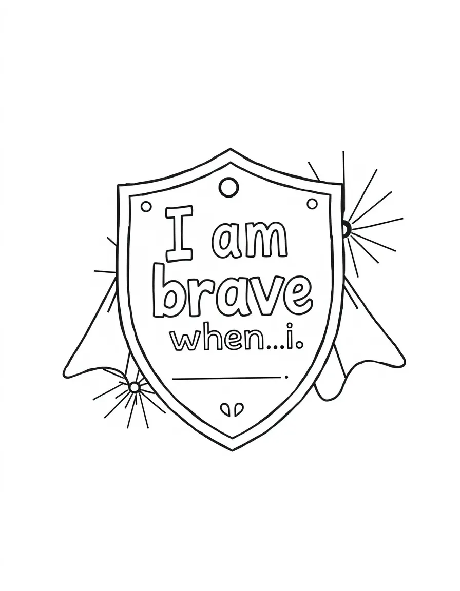 "I am brave" coloring page. A knight's shield or a superhero cape with "I am brave when I..." text and blank lines. Include starbursts. Black and white line art.