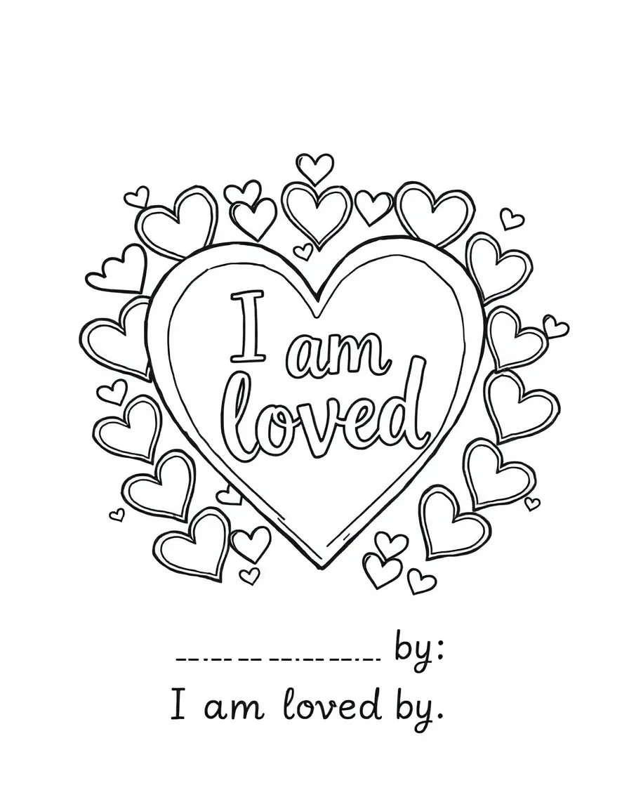 "I am loved" coloring page. A big heart surrounded by smaller hearts, with "I am loved by..." text and blank lines. Include gentle flourishes. Black and white line art.