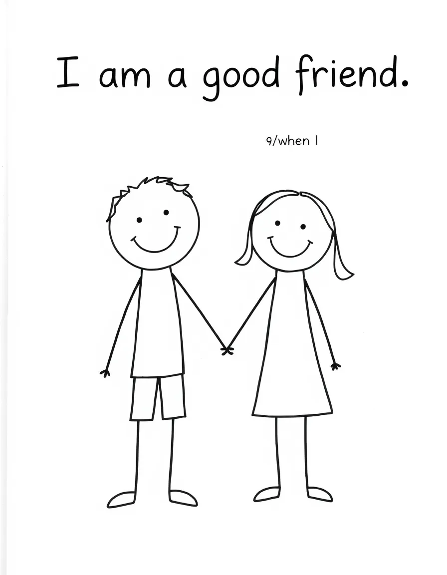 "I am a good friend" coloring page. Two stick figures holding hands, with "I am a good friend when I..." text and blank lines. Include smiles. Black and white line art.