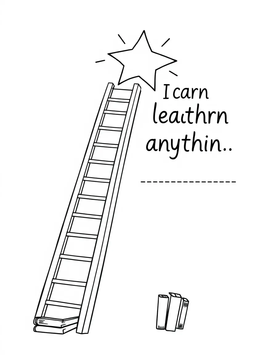 "I can learn anything" coloring page. A ladder reaching up to a star, with "I can learn by..." text and blank lines. Include small books. Black and white line art.