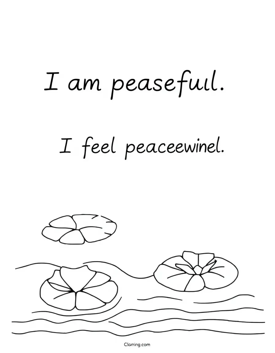"I am peaceful" coloring page. A calm water scene with lily pads, with "I feel peaceful when..." text and blank lines. Include gentle waves. Black and white line art.