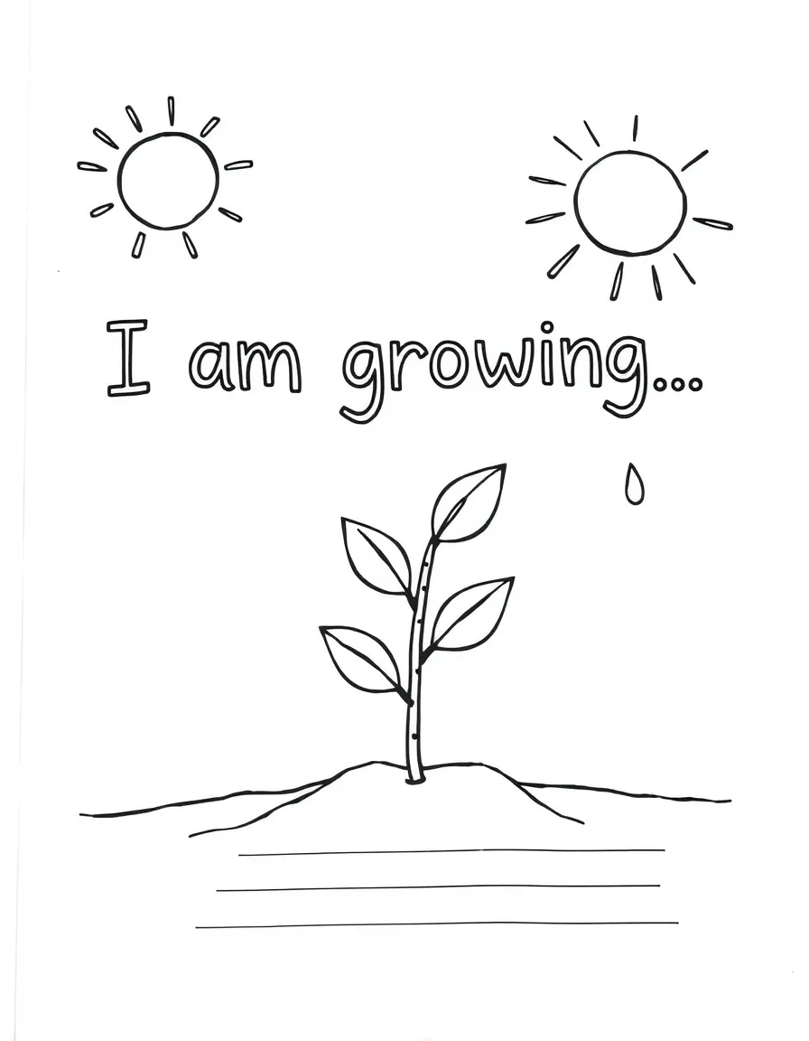 "I am growing" coloring page. A small plant sprouting, with "I am growing by..." text and blank lines. Include sun and raindrops. Black and white line art.
