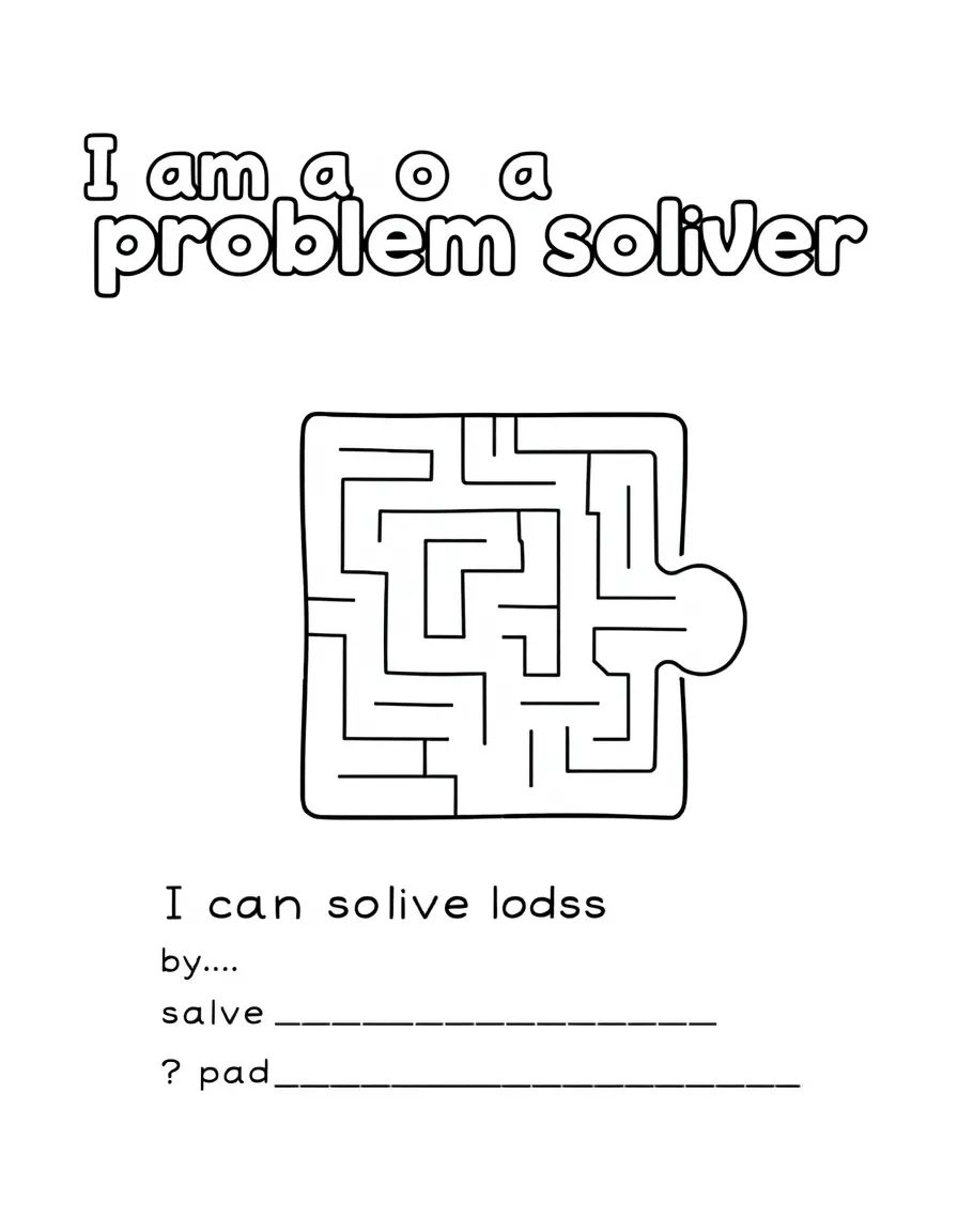 "I am a problem solver" coloring page. A puzzle piece or maze, with "I can solve problems by..." text and blank lines. Include question marks. Black and white line art.