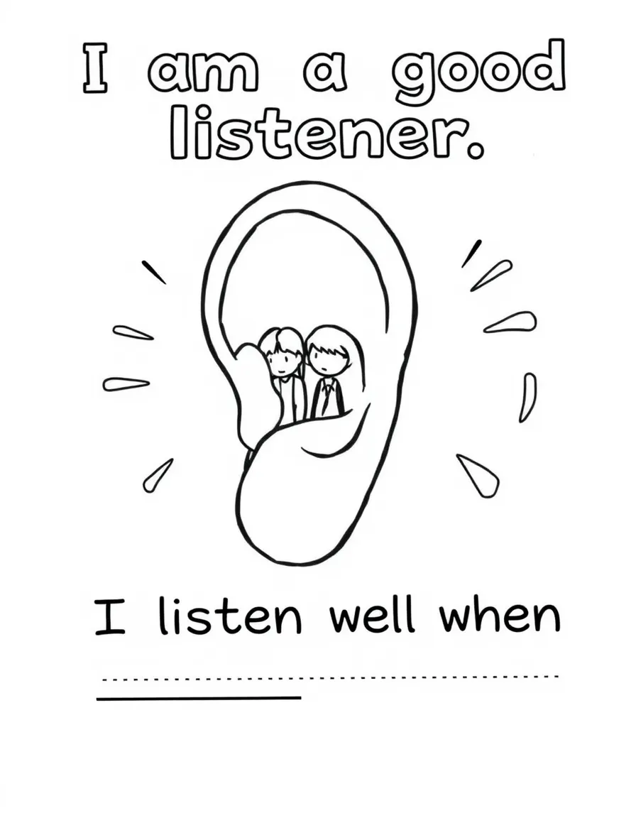 "I am a good listener" coloring page. A large ear or two people talking, with "I listen well when..." text and blank lines. Include sound waves. Black and white line art.