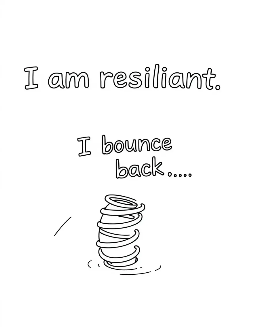 "I am resilient" coloring page. A bouncy ball or spring, with "I bounce back by..." text and blank lines. Include dynamic lines. Black and white line art.