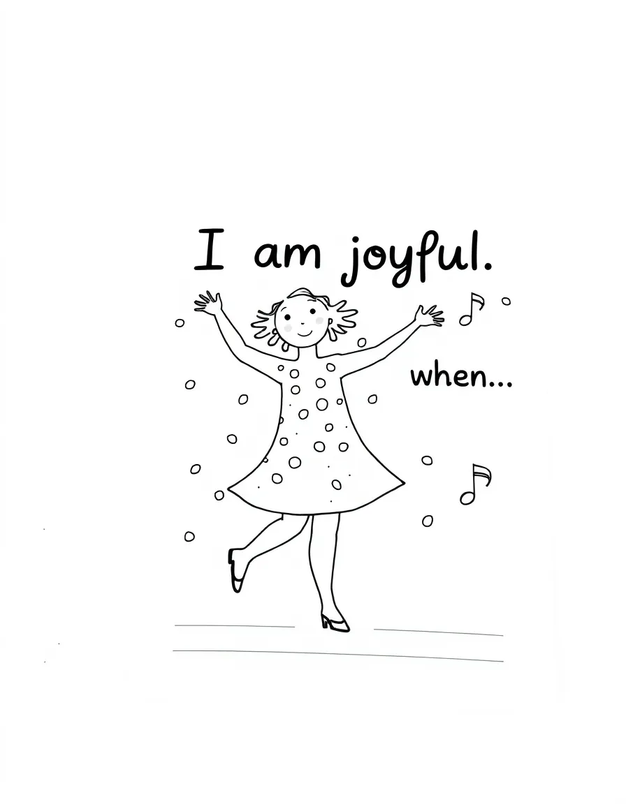 "I am joyful" coloring page. A dancing figure or confetti, with "I feel joy when..." text and blank lines. Include musical notes. Black and white line art.