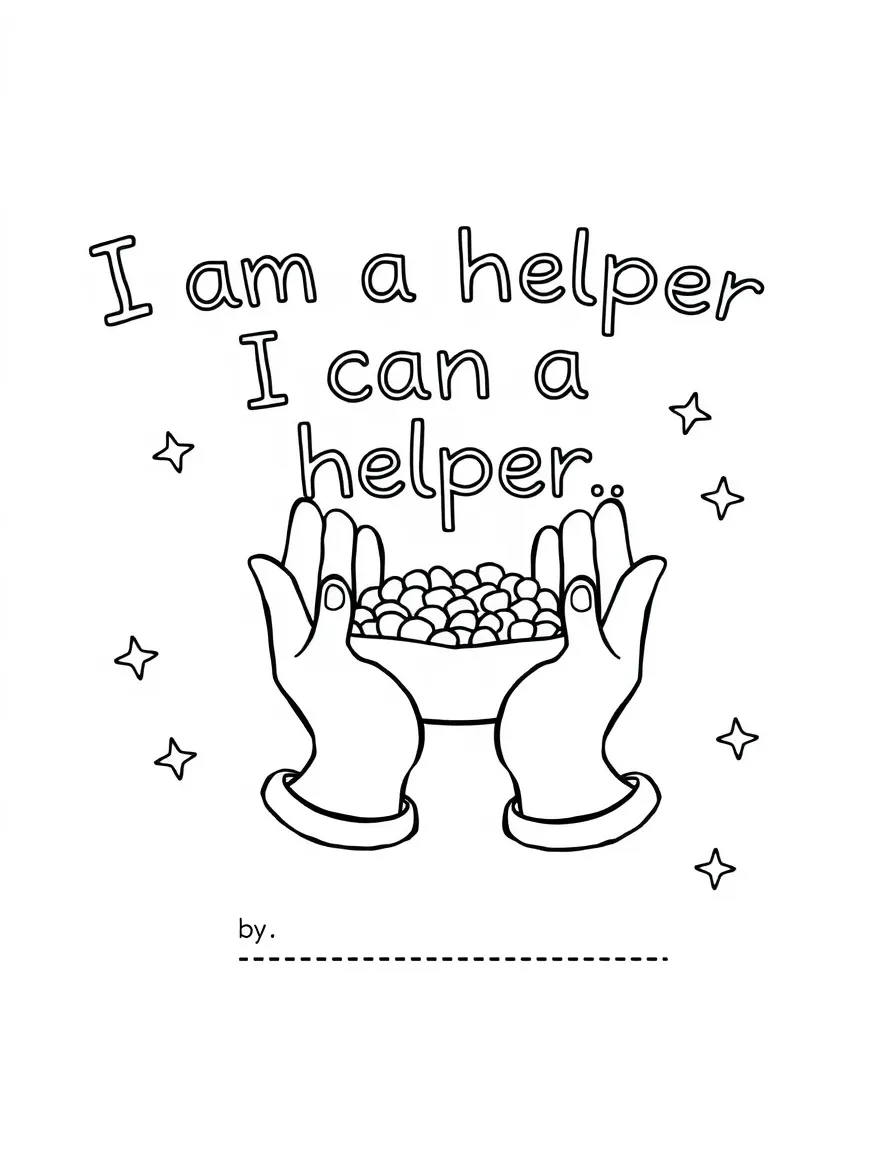 "I am a helper" coloring page. Hands offering something, with "I can help by..." text and blank lines. Include small stars. Black and white line art.