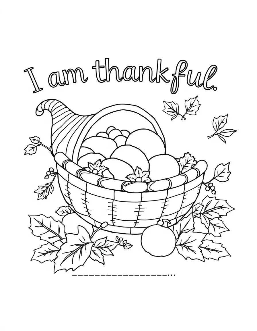 "I am thankful" coloring page. A cornucopia or harvest basket, with "I am thankful for..." text and blank lines. Include autumn leaves. Black and white line art.