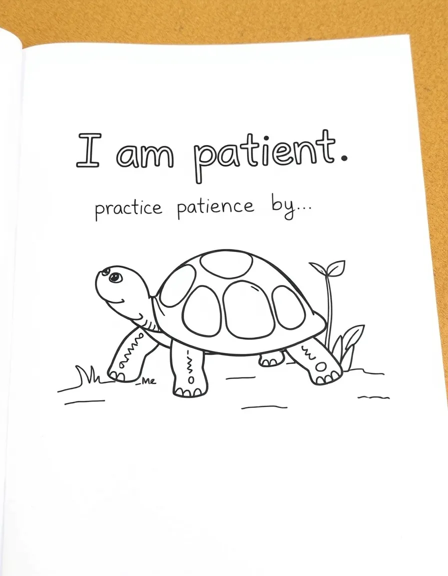 "I am patient" coloring page. A tortoise or a slow-growing plant, with "I practice patience by..." text and blank lines. Include gentle lines. Black and white line art.