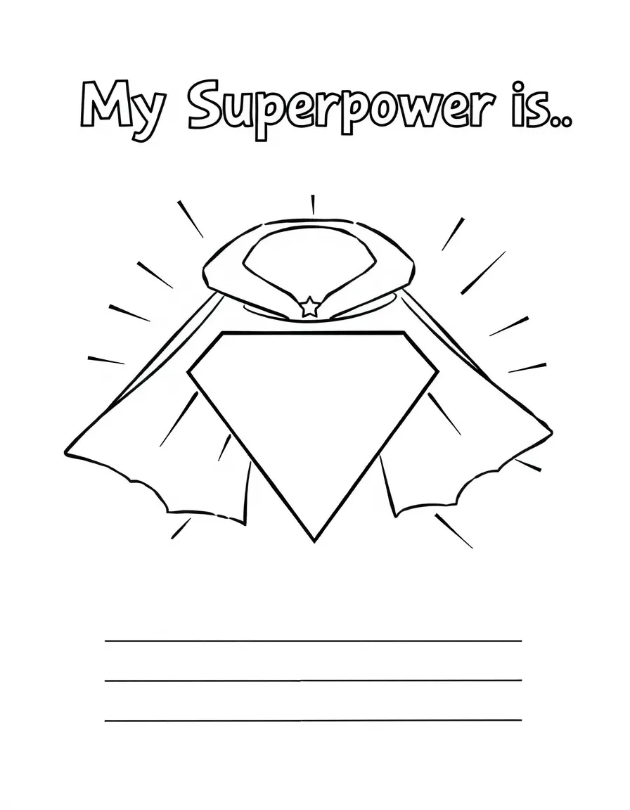 "My Superpower Is..." coloring page. A blank superhero symbol or cape, with spaces to write about their unique superpower. Include comic book style lines. Black and white line art.