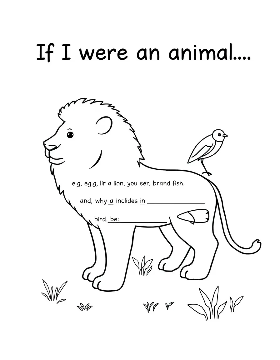 "If I were an animal..." coloring page. An outline of an animal (e.g., lion, bird, fish) with blank spaces to describe what animal they'd be and why. Include habitat elements. Black and white line art.