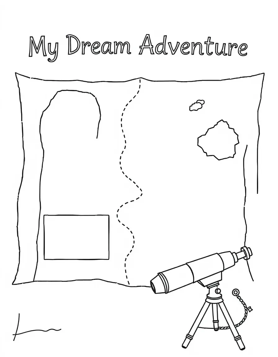 "My Dream Adventure" coloring page. A blank map with dotted lines for a path, and spaces to draw or write about an adventure. Include compass and telescope. Black and white line art.