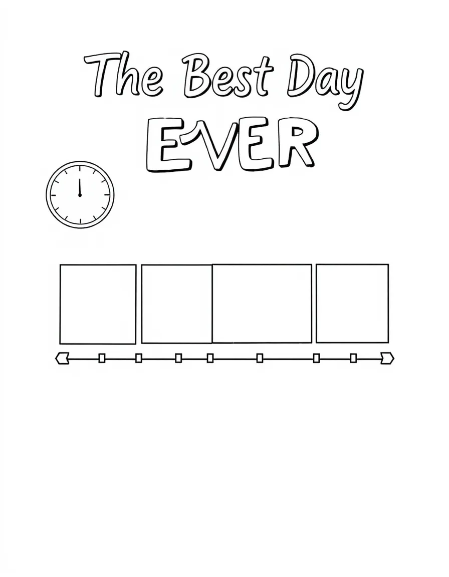 "The Best Day Ever" coloring page. A blank timeline or series of blank frames for drawing or writing about a perfect day. Include a clock or sun. Black and white line art.