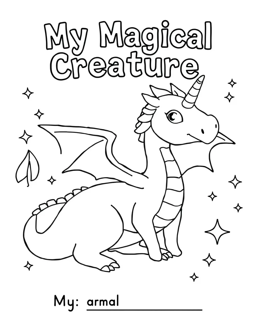 "My Magical Creature" coloring page. A blank outline of a fantastical creature (dragon, unicorn, alien) with spaces to add details and name. Include stars or glitter. Black and white line art.