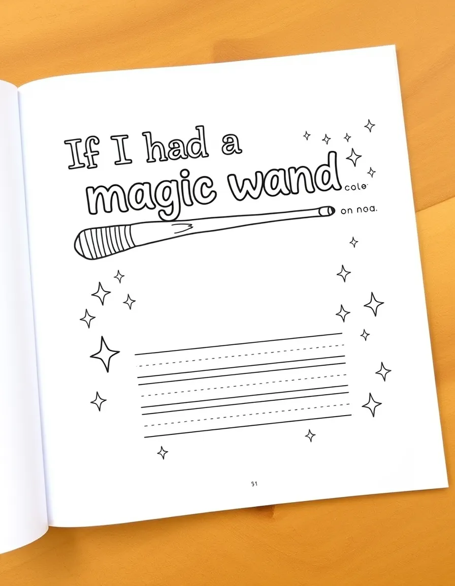 "If I had a magic wand..." coloring page. A blank magic wand with blank spaces below to write three wishes. Include sparkles and stars. Black and white line art.