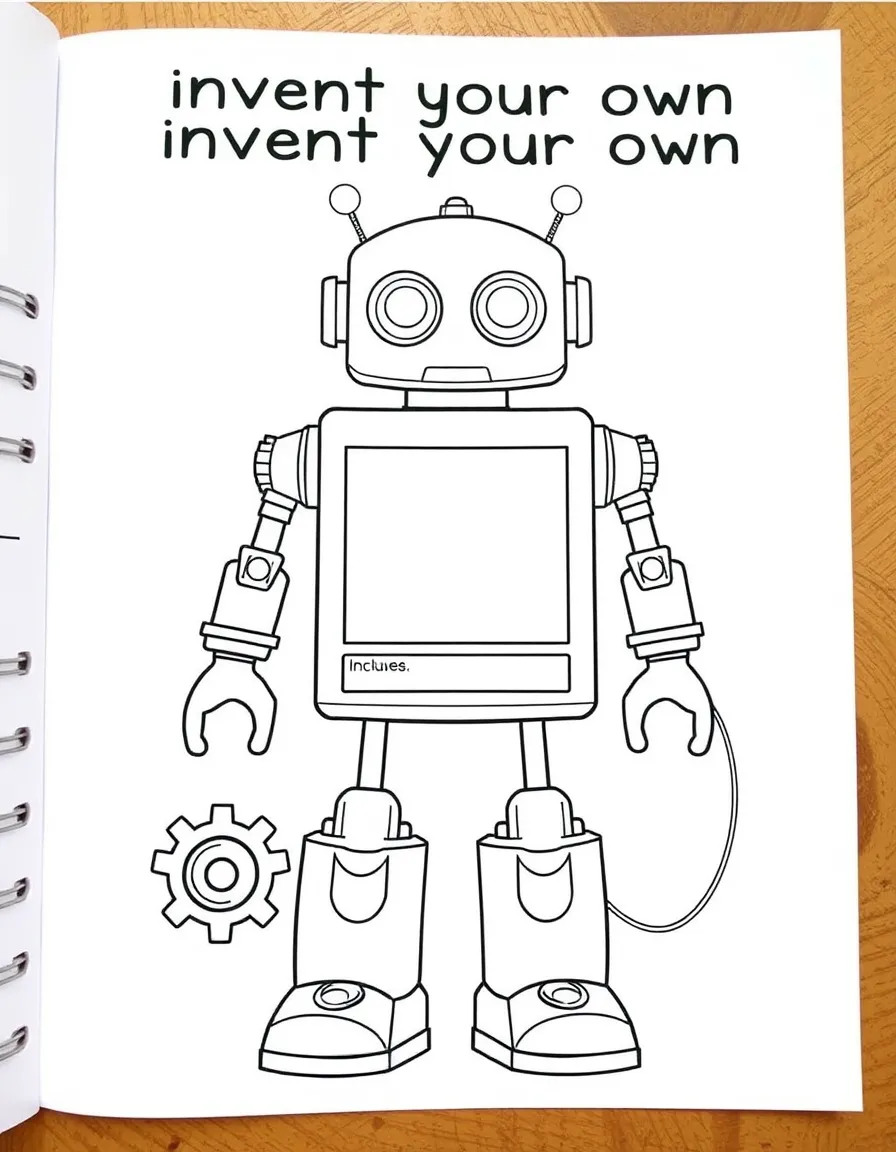 "Invent your own robot" coloring page. A blank robot body with spaces for drawing features and writing its purpose. Include gears and wires. Black and white line art.
