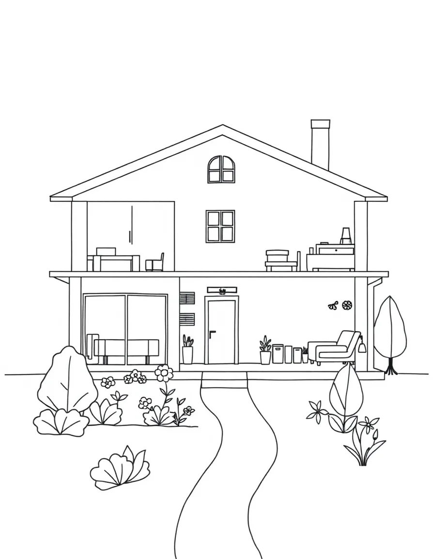 "Design your dream house" coloring page. A blank house outline with empty rooms for drawing furniture and activities. Include a garden. Black and white line art.